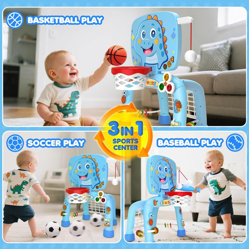 DADAPALS 3-In-1 Toys for 1 2 3 Years Old Boys Girls, Toddler Basketball Hoop & Soccer Goal & Baseball Sport Activity Center,Interactive Musical Sports Toys, Christmas Birthday Gifts for Baby Kids Age 12-18 Months