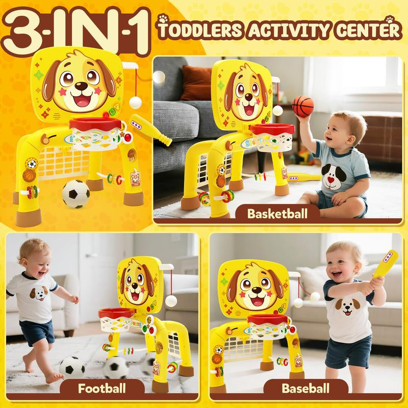 DADAPALS 3-In-1 Toys for 1 2 3 Years Old Boys Girls, Toddler Basketball Hoop & Soccer Goal & Baseball Sport Activity Center,Interactive Musical Sports Toys, Christmas Birthday Gifts for Baby Kids Age 12-18 Months