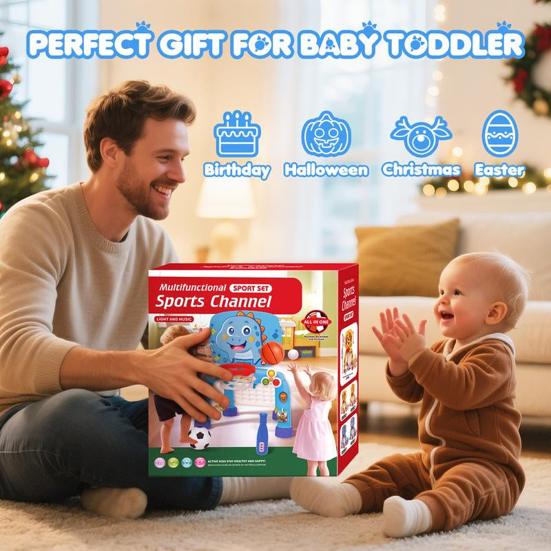 DADAPALS 3-In-1 Toys for 1 2 3 Years Old Boys Girls, Toddler Basketball Hoop & Soccer Goal & Baseball Sport Activity Center,Interactive Musical Sports Toys, Christmas Birthday Gifts for Baby Kids Age 12-18 Months