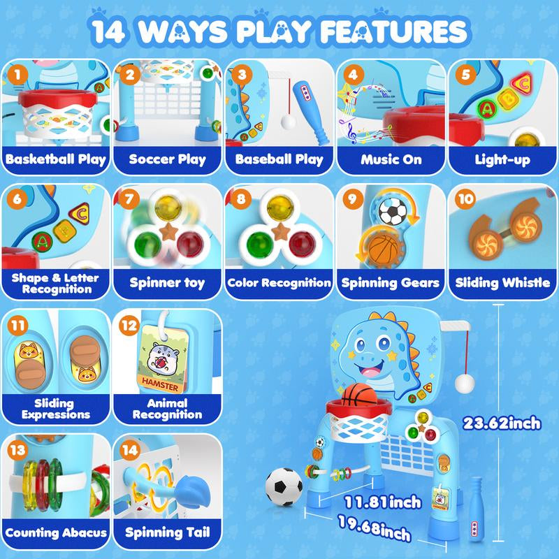 DADAPALS 3-In-1 Toys for 1 2 3 Years Old Boys Girls, Toddler Basketball Hoop & Soccer Goal & Baseball Sport Activity Center,Interactive Musical Sports Toys, Christmas Birthday Gifts for Baby Kids Age 12-18 Months