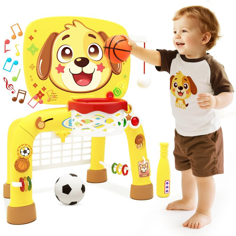 DADAPALS 3-In-1 Toys for 1 2 3 Years Old Boys Girls, Toddler Basketball Hoop & Soccer Goal & Baseball Sport Activity Center,Interactive Musical Sports Toys, Christmas Birthday Gifts for Baby Kids Age 12-18 Months